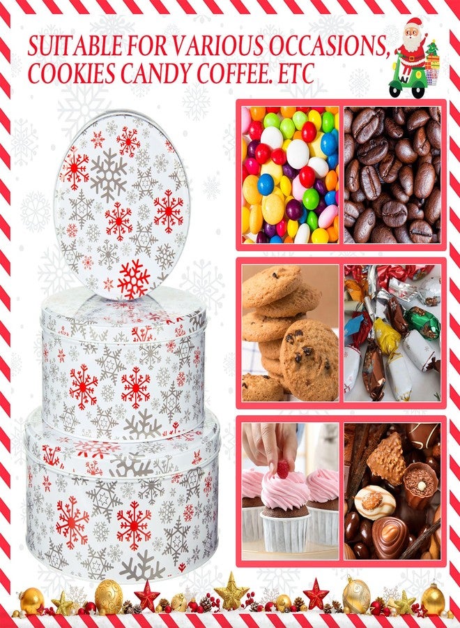Lingvee 3 Pcs Christmas Cookie Tins with Lids for Gift Giving Tin Containers Round Festive Cookie Tins Metal Nesting Containers Large Medium Small(Lively Style,White and Red) - Image 3